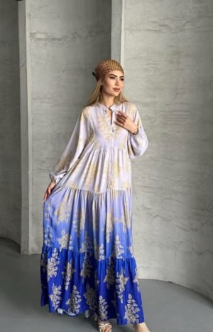 Γυναικείο φόρεμα μακρύ άσπρο-μπλε